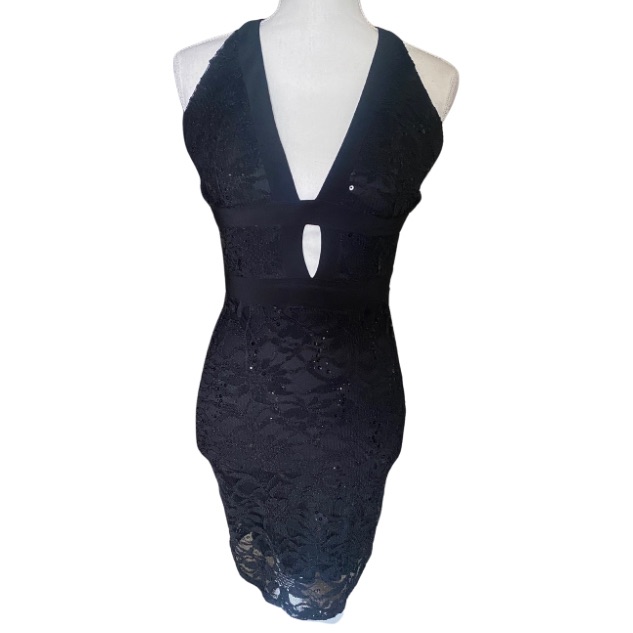 B. Darlin Juniors Shimmery Mini Above Knee Zip Up Backless Black Dress Size 5/6
